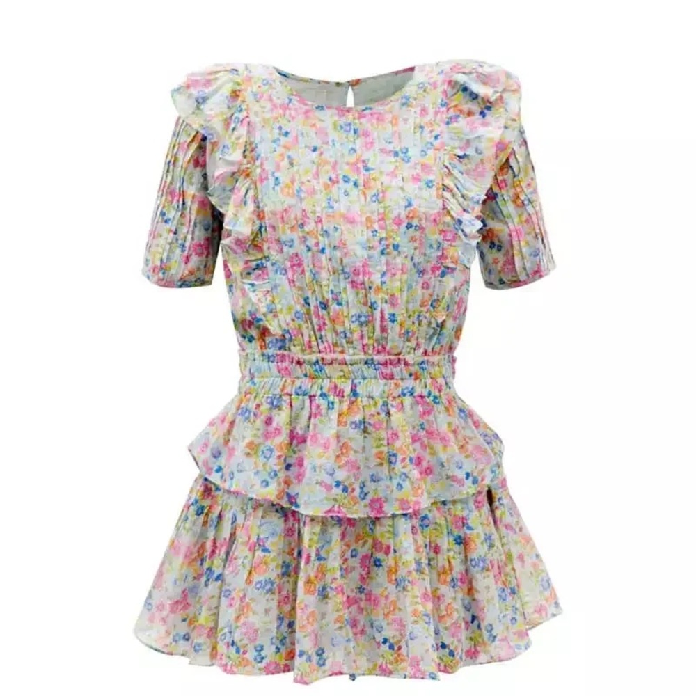 LoveShackFancy Natasha Floral Pintucked Mini Dress in Coral Reef Waves Size: XS